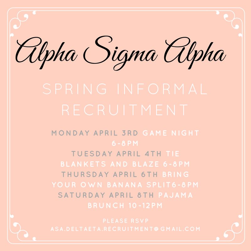 Interested in joining a sorority? Come join us for some casual events next week and see what it's all about! RSVP if you want to know more!
