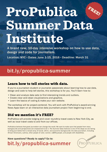 Lena V. Groeger (@lenagroeger) on Twitter photo ☞ TODAY is the LAST DAY to apply to the <a href="/ProPublica/">ProPublica</a> Data Institute!
Join us this summer!
projects.propublica.org/graphics/summer
#mediadiversity ☞ TODAY is the LAST DAY to apply to the <a href="/ProPublica/">ProPublica</a> Data Institute!
Join us this summer!
projects.propublica.org/graphics/summer
#mediadiversity