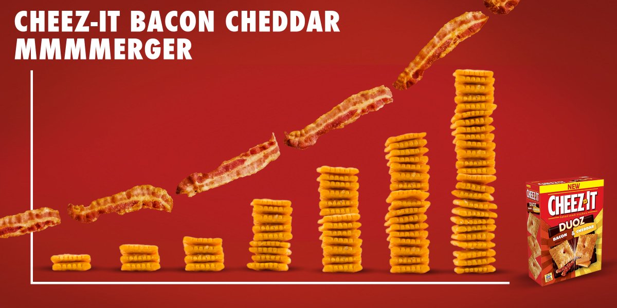 cheezit's tweet photo. The numbers don’t lie - Cheez-It Bacon Cheddar Duoz are made with 100% real cheese. Cash in with a box today. https://t.co/9W2amQ5Dpk
