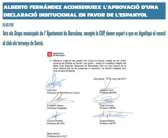 pericosonline's tweet image. Tots els Grups municipals excepte la CUP aproven una Declaració Institucional en favor del reconeixement del #RCDE goo.gl/OHBpvK