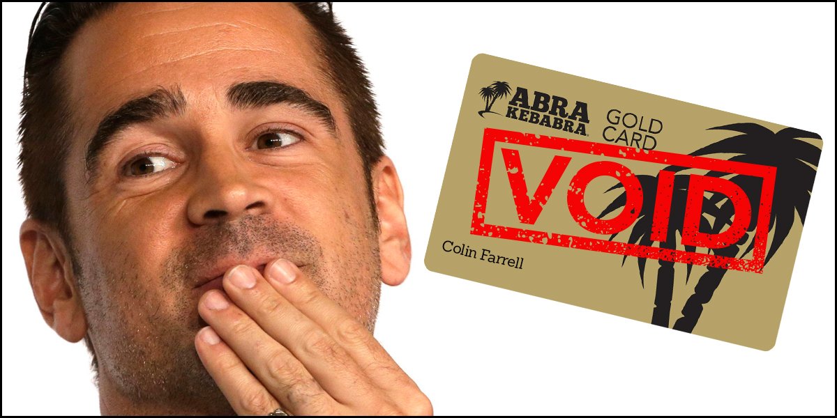 Abrakebabra's tweet photo. COLIN FARRELLS ABRAKEBABRA GOLD CARD REVOKED DUE TO EXCESSIVE USAGE! 

https://t.co/EW4JzGcNXB

#Abrakebabra #GoldCard #ColinFarrell https://t.co/7QtceNa7lj