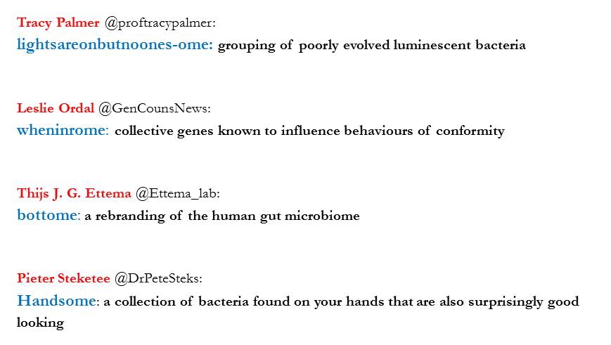 NatureMicrobiol's tweet photo. It's decided! The #AprilFoolome finalists are @proftracypalmer @GenCounsNews @Ettema_lab & @DrPeteSteks! Tweet the hashtags below to vote! https://t.co/A9THrfBypJ