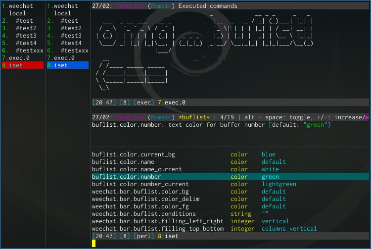 WeeChatClient's tweet image. New plugin buflist, built-in fast/light/extensible replacement of script buffers.pl. Available in devel version and enabled by default.