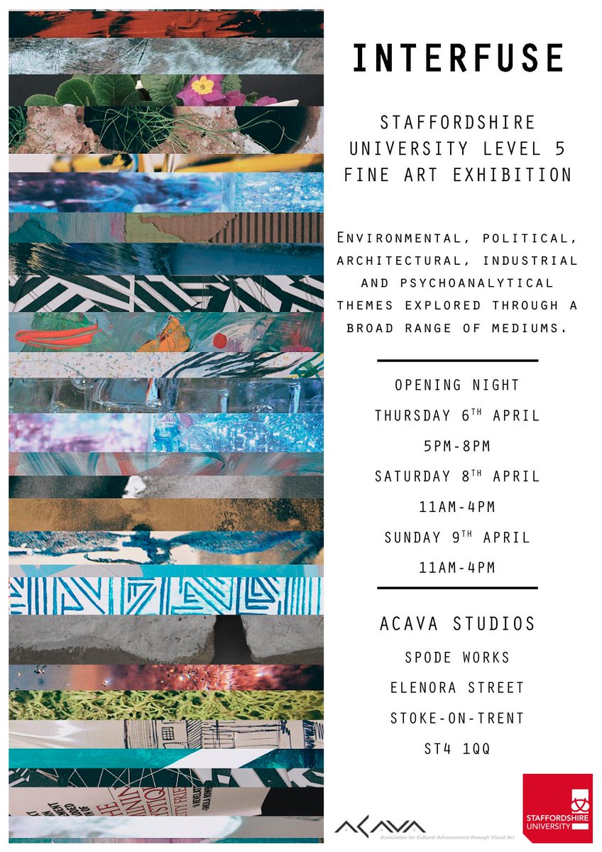 SOTCulture's tweet photo. #Interfuse #exhibition with work by 2nd year @StaffsUni students 8/9 Apr 11am-4pm #acavaspodeworks #sot2021www.acavaspodeworks.org https://t.co/ldZwwklWic