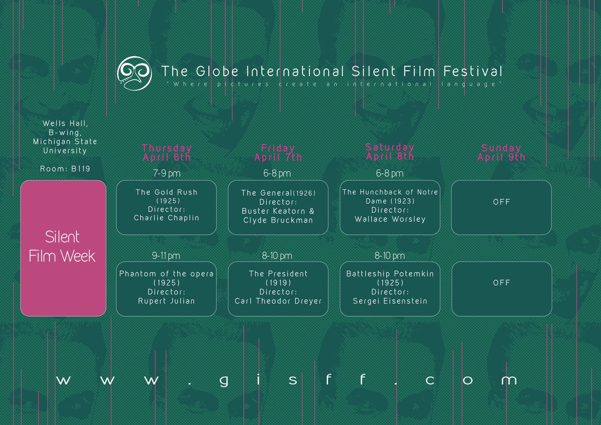 #SilentFilmWeek #GISFF #SilentFilmsAreAlive
Screening Chart: