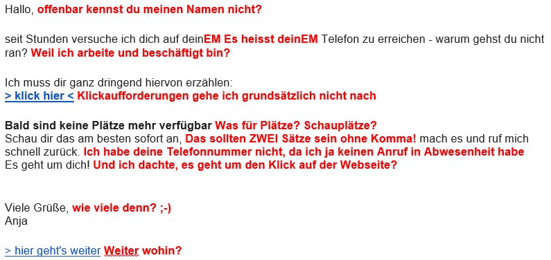 besserleben's tweet photo. Eine solche Spammail mit meinen Kommentaren (rot und fett geschrieben) macht gleich noch mehr Spass es zu lesen :D :D :D https://t.co/qW72wcSiZM