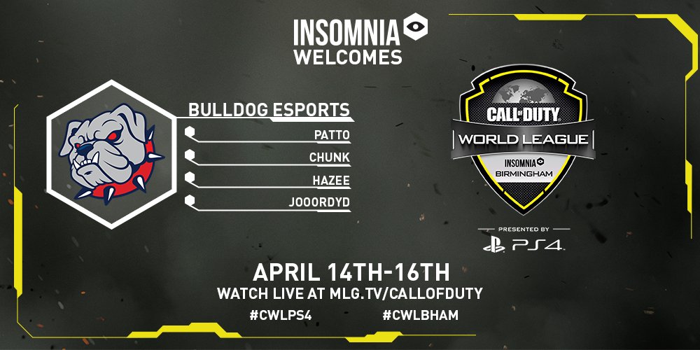 BelongEsportsUK's tweet photo. Join us as we welcome #Insomnia59 Champions, @BulldogeSports to #CWLBHam!
Want to join them? Tickets are on sale!: https://t.co/lSBDgAevs5 https://t.co/FJWIrZLi0z