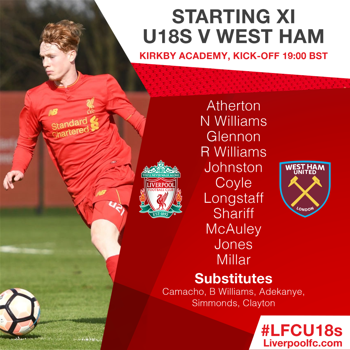 U18s Starting XI vs West Ham: Atherton; N Williams, R Williams, Johnston, Glennon ...1200 x 1200