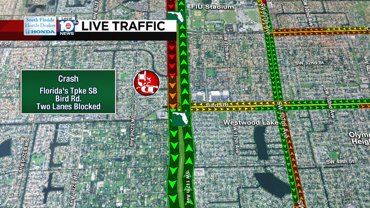 CRASH: Florida's Tpke SB & Bird Rd. Two lanes are blocked. Delays stretch back to NW 106th St. #MIAMI #TRAFFIC https://t.co/hW22MXMe4I