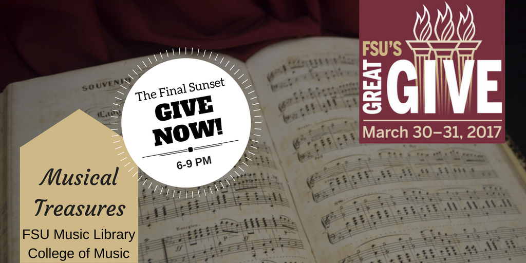 MusicFSU's tweet photo. It's your last chance to support the @FSUMusicLibrary #FSUGreatGive! #TheFinalSunset from now until 9:00pm! https://t.co/t5FWDeYLqy https://t.co/hkhhrvhGb1