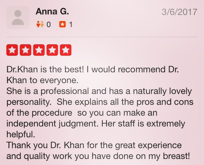 KhanPlasticSurg's tweet photo. Love hearing from my patients! 5/5 βοΈ's!!! @Yelp #yelpreview #24hourrecovery #breastaugmentation #siliconeimplants #khanplasticsurgery https://t.co/H7NMIRiFrm