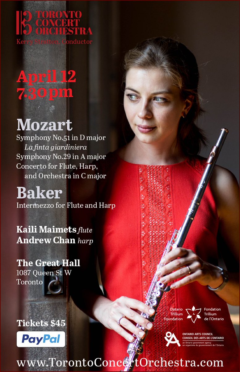 Mozart's Flute &amp; Harp Concerto in Toronto April 12 at 7:30pm The Great Hall (1087 Queen W) harpist Andrew Chan &amp;Toronto Concert Orchestra
