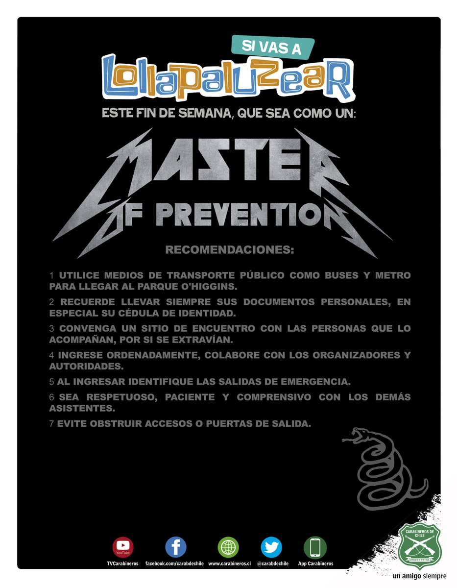 Carabdechile's tweet photo. Si vas a Lollapaluzear este fin de semana, que sea como un "Master Of Prevention". #LollaCL #LollapaloozaChile https://t.co/HZG0aKIazJ