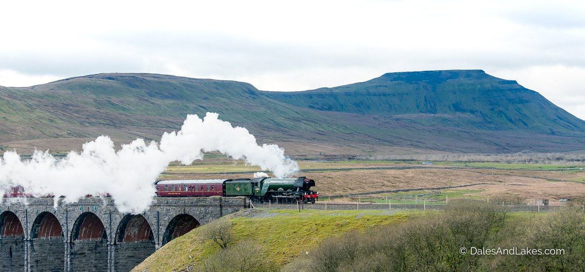 The #FlyingScotsman crossing the famous Ribblehead viaduct, a train, a mountain, and a viaduct in the #yorkshiredales  perfect <a href="/networkrail/">Network Rail</a>