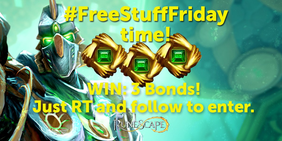 RuneScape's tweet photo. It's #FreeStuffFriday time!

RT and follow us for the chance to win 3 Bonds! 💰💰💰

Good luck - winner announced on Monday. https://t.co/ht7A3J1yWV