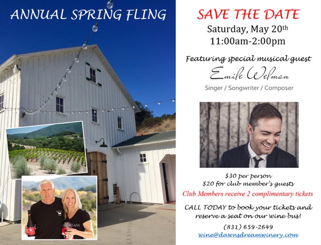 Dawny_Gal's tweet photo. Save the date! Dawn's Dream Spring Fling.  #carmelvalley #pinotnoir #livemusic #rosé #gourmetfood #barreltasting https://t.co/ody9xVasmQ