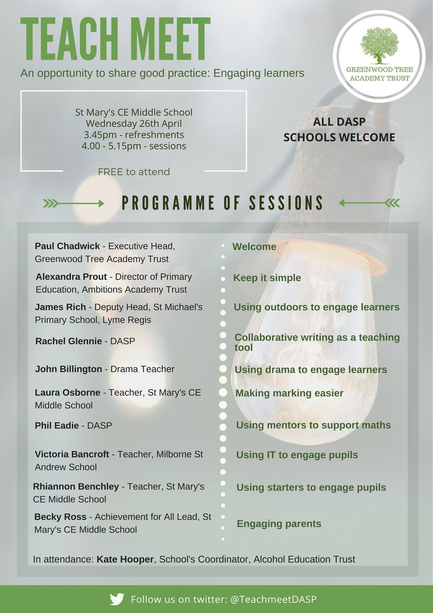 TeachMeetDASP's tweet image. Our first #TeachMeet for DASP (#Dorset Area #Schools Partnership) is happening on Weds 26th April. Great sessions booked for the day.