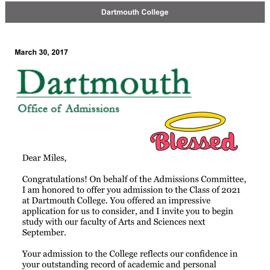 So blessed to be accepted for such an outstanding opportunity. Thanks to my parents, coaches, and everyone else along the way #Dartmouth21s