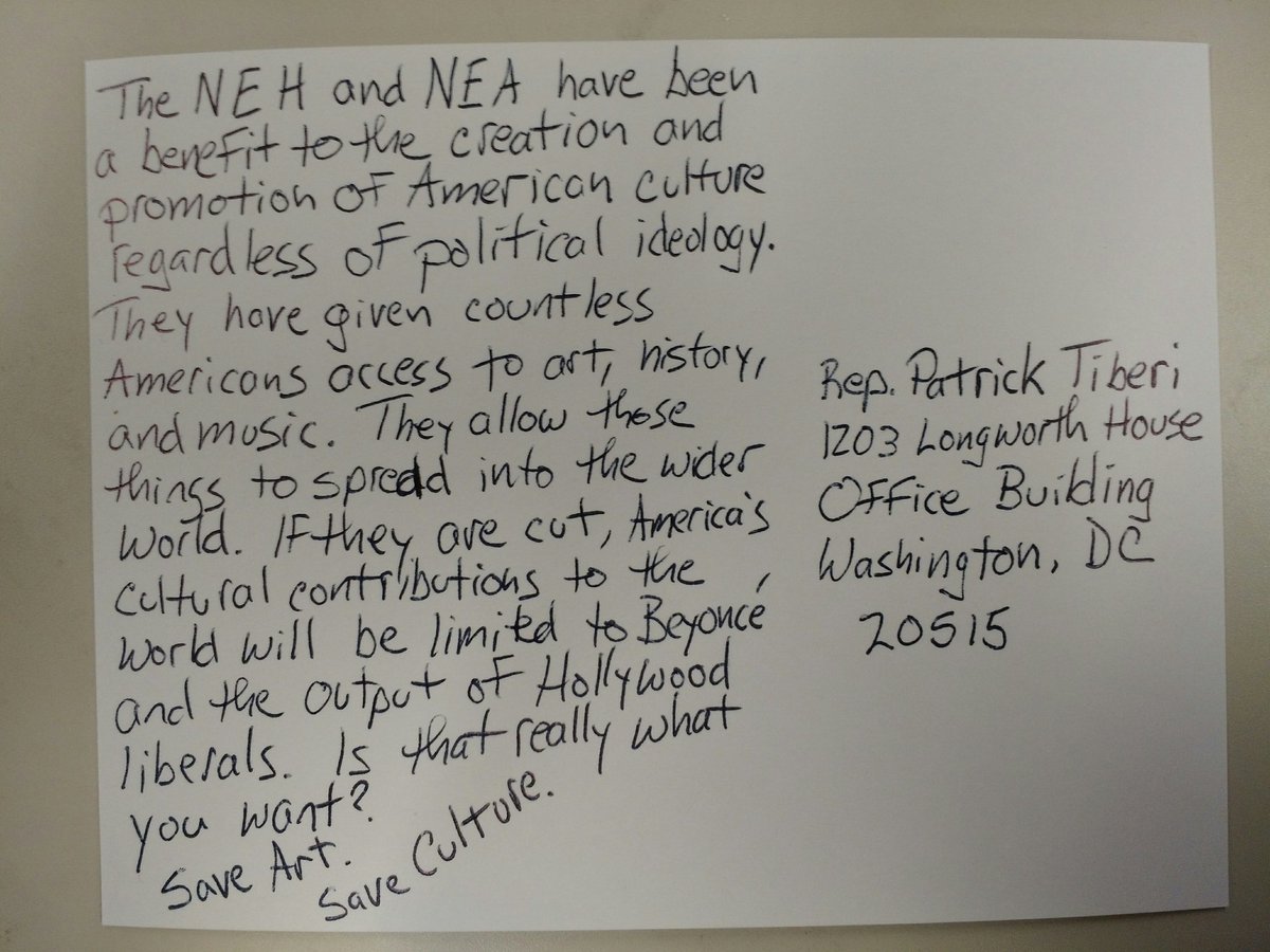 PostcardsToPat's tweet photo. Save the arts, @PatTiberi Culture isn't liberal. #postcards2tiberi https://t.co/tV4JNMvy77