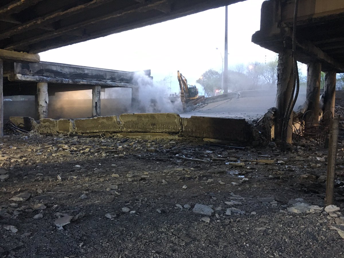 DHGriffinCo's tweet photo. D.H. Griffin Wrecking has mobilized equipment &amp; started the demolition of fire damaged sections of I-85 this afternoon. #I85bridgecollapse https://t.co/SjKLjd1aSr