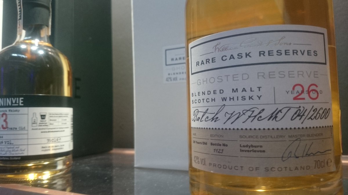 KevinAbrook's tweet photo. The very rare #Ghosted #Reserve, a blend of Ladyburn and Inverleven Single Malts, with #Kininvie peaking behind. #rarecaskreserves #Scotch https://t.co/FpAbcl4bQb