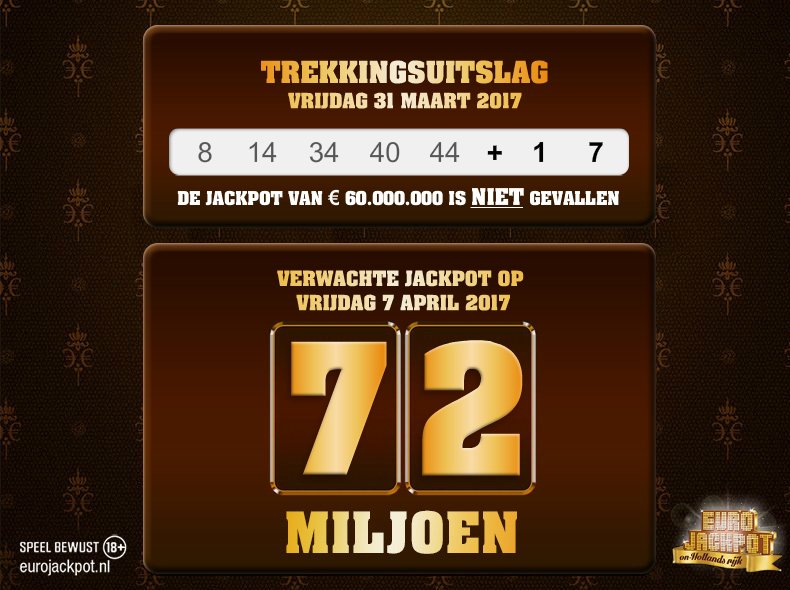 EuroJackpot_NL's tweet photo. De #Eurojackpot #trekkingsuitslag van vrijdag 31 maart 2017 is bekend. Kijk op https://t.co/VlI3eqZMPe    voor de uitslag. https://t.co/sbww0Kvda9