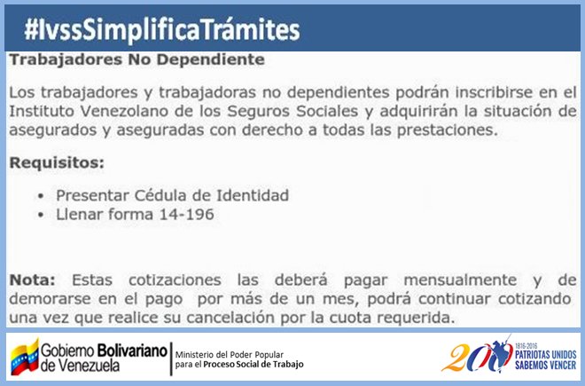 unpi_ivss's tweet photo. ¿Trabajas por cuenta propia? Nunca te inscribiste en el #IVSS, ahora puedes #IvssSimplificaTramite https://t.co/64XaQZD2C4