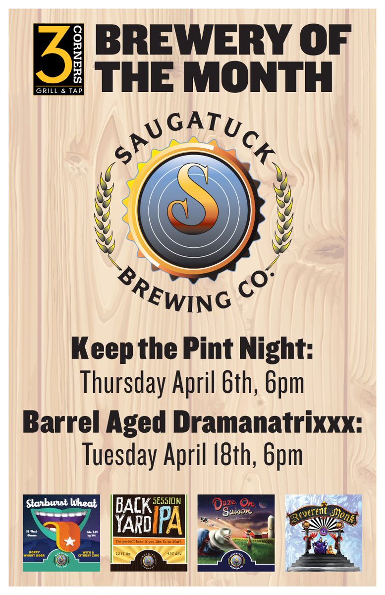 GlunzBeers's tweet photo. Celebrate Brewery of the Month with Keep the Pint Night @3CornersLemont w/ @saugatuckbrew Thurs, April 6th at 6:30pm. https://t.co/RlWEHeLb79
