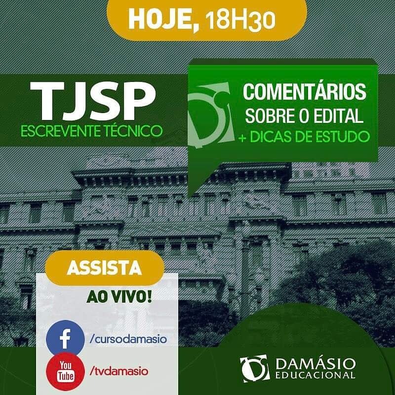 damasiojpessoa's tweet photo. Ei gente... vamos falar sobre o concurso de Escrevente do TJ/SP? Agora as 18h30 a @profapatricia vai comandar os comentários sobre o Edital. https://t.co/nravGIYa3Q