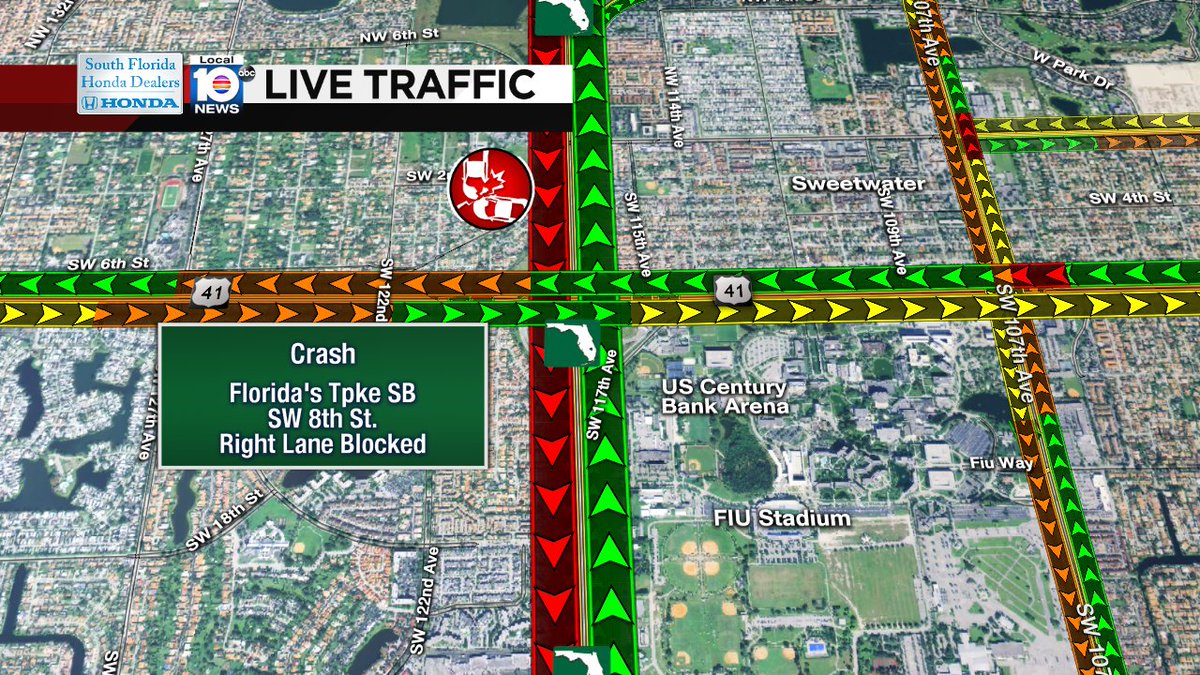CRASH: Florida's Tpke SB & SW 8th St. A right lane is blocked. #TRAFFIC #MIAMI https://t.co/kCsR3neKmn