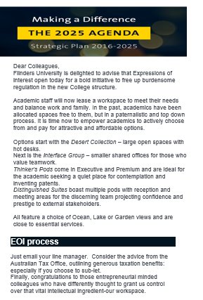 baumfran's tweet photo. Academics @flinders now have to rent work space but have more choice #innovation #auspol @nteu @colinstirling https://t.co/hYjObizUzX