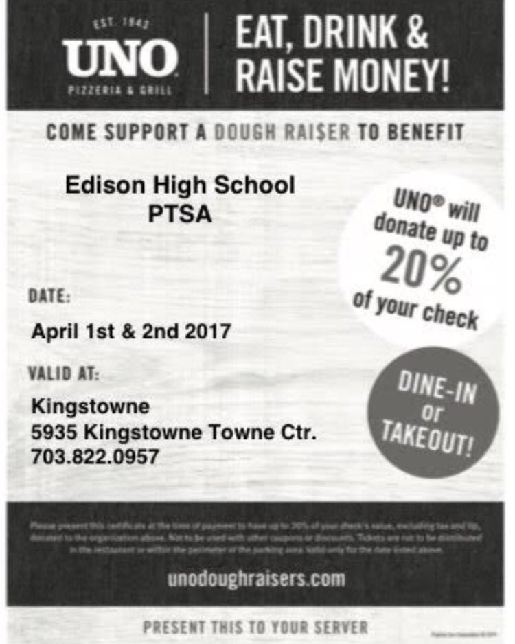 make sure you and your family make it to Uno's this weekend in kingstown to support the edison PTSA!!!