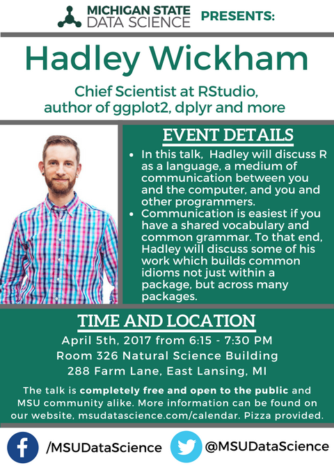 MSUDataScience's tweet photo. @hadleywickham Thanks for the shoutout! Here's a flyer with more info. #rstats #tidyverse #SpartansWill https://t.co/TDJrT1fp9t