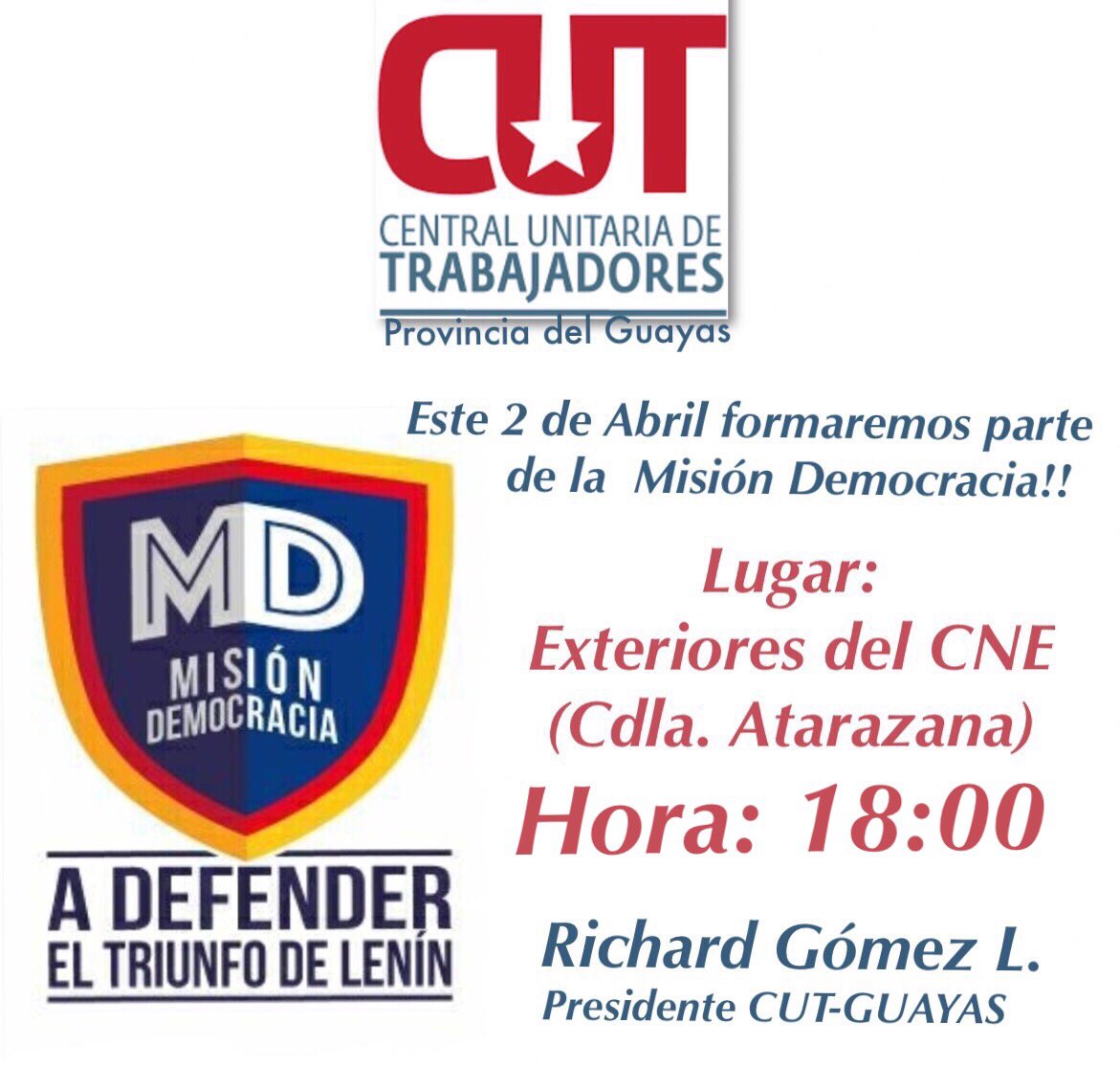 Los esperamos este Domingo 2 de Abril para formar parte de la Misión Democracia! #YoVotoPorLeninYJorge <a href="/Lenin/">Lenín Moreno</a> <a href="/JorgeGlas/">Jorge Glas</a> <a href="/GomezlRichard/">Richard Gomez</a>