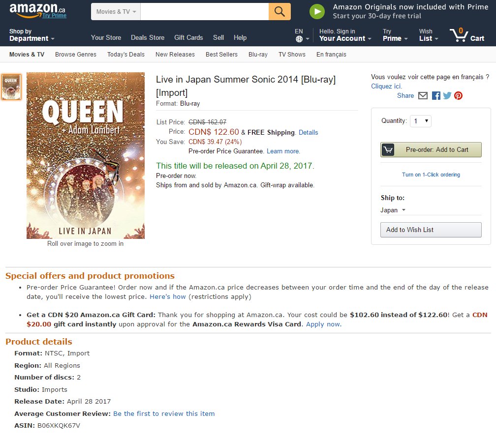 Amazon Canada: QAL Live in Japan Summer Sonic 2014
Blu-ray + CD / Regular Edition (ASIN: B06XKQK67V)
amazon.ca/Live-Japan-Sum…