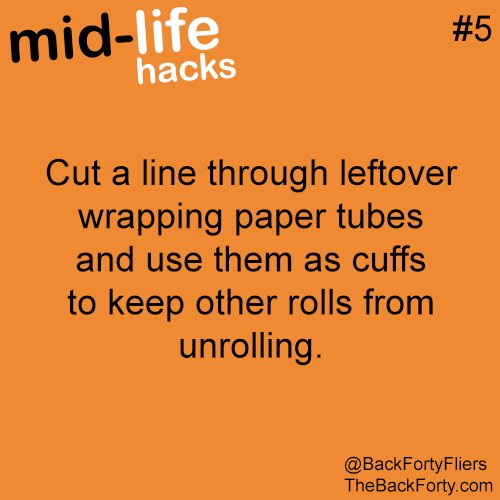 BackFortyFliers's tweet photo. Cut a line through leftover wrapping paper tubes & use them as cuffs to keep other rolls from unrolling. #MidlifeHacks #LifeHack #Midlife https://t.co/ZhT8Pzof7m
