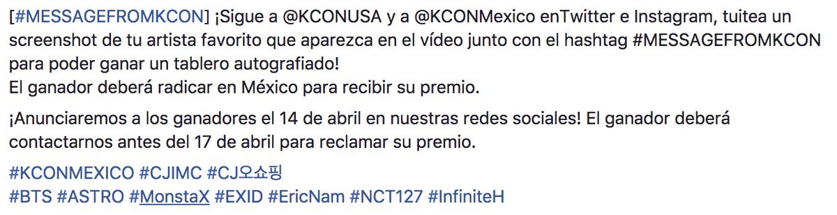 kconmexico's tweet photo. [#MESSAGEFROMKCON] #KCONMEXICO #CJIMC #CJ오쇼핑
#BTS #ASTRO #MonstaX #EXID #EricNam #NCT127 #InfiniteH

https://t.co/XJJbqqyL1l https://t.co/ddJi9uOBUS