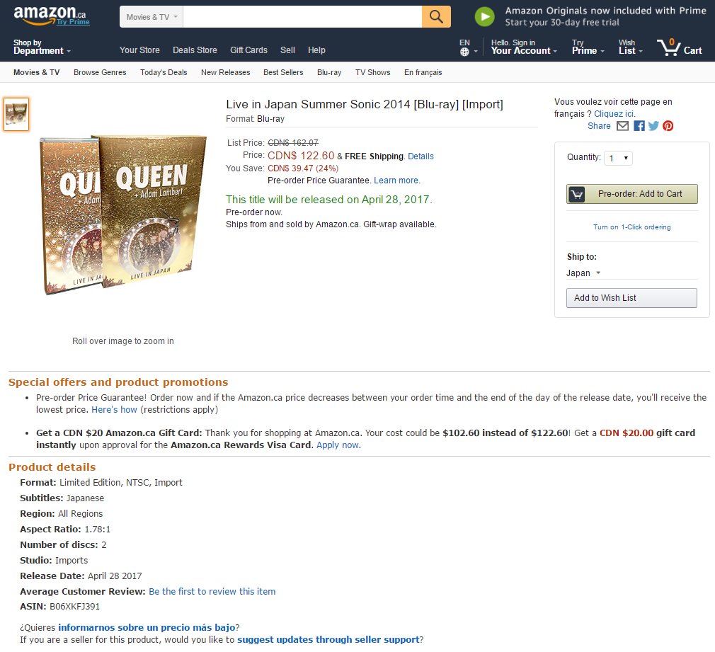 Amazon Canada: QAL Live in Japan Summer Sonic 2014
Blu-ray + CD / Limited Edition (ASIN: B06XKFJ391)
amazon.ca/Live-Japan-Sum…