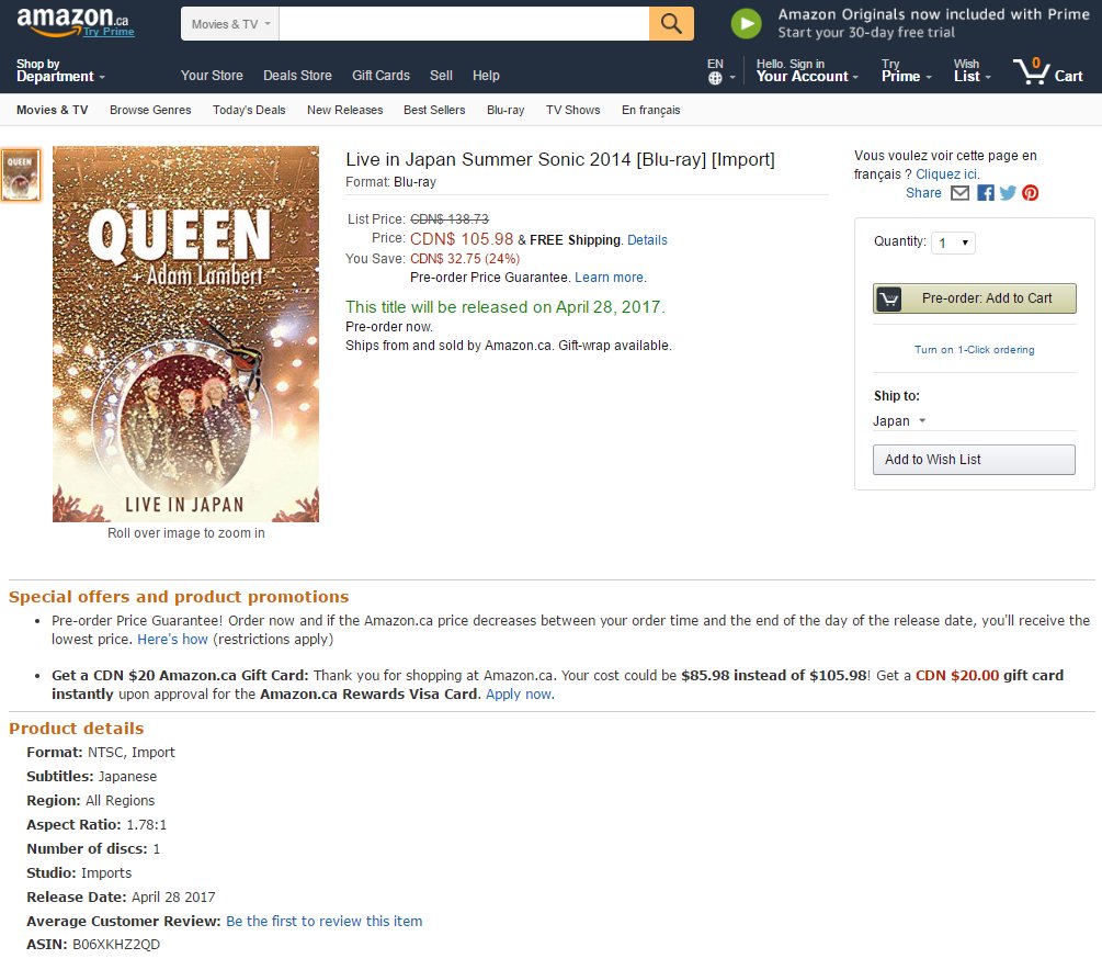 Amazon Canada: QAL Live in Japan Summer Sonic 2014
Blu-ray / Regular Edition (ASIN: B06XKHZ2QD)
amazon.ca/Live-Japan-Sum…