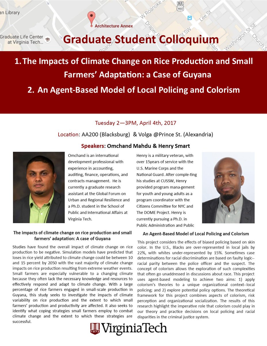 Henry Smart and Omchand Mahdu will discuss race + jail  #AgentBasedModeling and Agriculture + #ClimateChange. 
@toddschenk @tomwsanchez