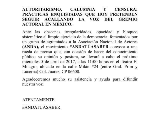 Yo Manuel Balbi socio de la ANDA por medio de <a href="/ANDATuASaber/">ANDA Tú A Saber</a> convoco a rueda de prensa. Miércoles 5 abril 11:00am en <a href="/TeatroElMilagro/">Teatro El Milagro</a>