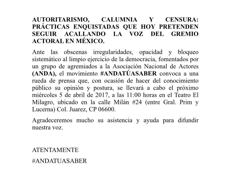 Yo socio de la ANDA convoco a través de <a href="/ANDATuASaber/">ANDA Tú A Saber</a> a la rueda de prensa informativa del 5 de abril a las 11 horas en <a href="/TeatroElMilagro/">Teatro El Milagro</a>