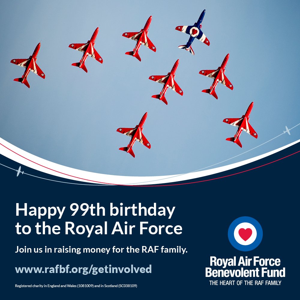 RAFBF's tweet photo. Happy 99th birthday @RoyalAirForce! Join us in fundraising for the RAF family: https://t.co/liFbIOPxCG #RAF99 https://t.co/pDf6JdiT7X