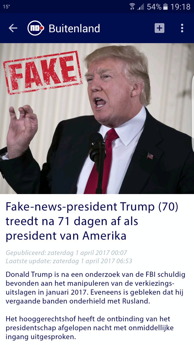 #1april fake-news-president Trump (70) 
treedt na 71 dagen af als president van Amerika. Geef jouw mening via hubs.ly/H06XcdX0