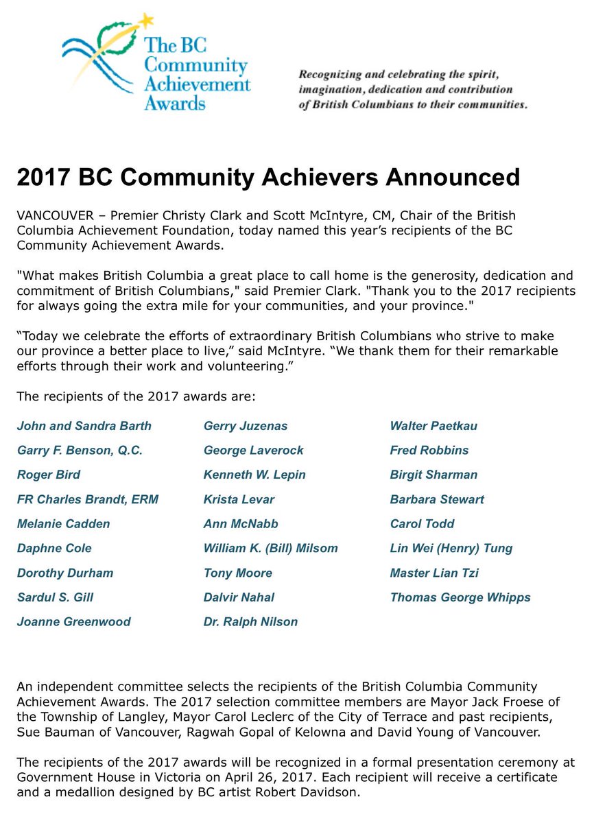 c_todd's tweet photo. Honoured to be among 26 recipients for 2017 BC Community Achievement Award. This award is for Amanda and what her legacy has accomplished. https://t.co/aK6FFTUYOh