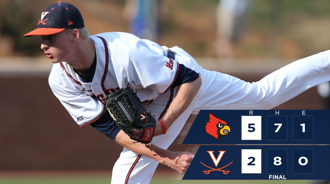 UVABaseball's tweet photo. Louisville outlasts #UVABase 5-2 in series opener. 

Game 2 set for 4 pm Saturday at Davenport Field. https://t.co/vMkITEnLtD