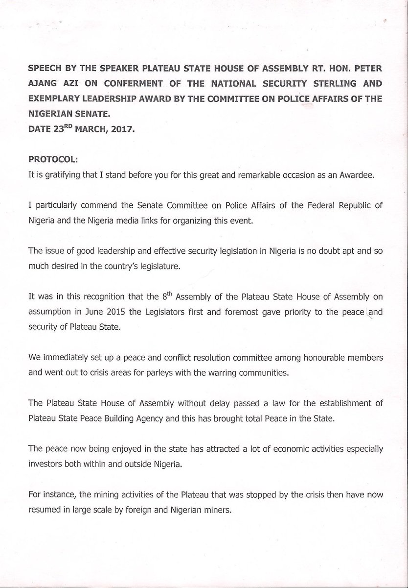 Peter_A_A's tweet photo. SPEECH DELIVERED BY THE SPEAKER PLATEAU STATE HOUSE OF ASSEMBLY RT. HON. PETER AJANG AZI ON CONFERMENT OF THE NATION SECURITY STERLING... https://t.co/59l8FzxHky