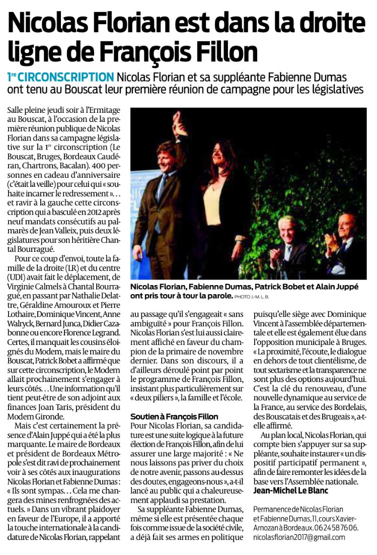 f_canu's tweet photo. À lire : @sudouest revient sur la réunion publique de @nflorian33 et Fabienne Dumas au #Bouscat https://t.co/p4Jg55utsI