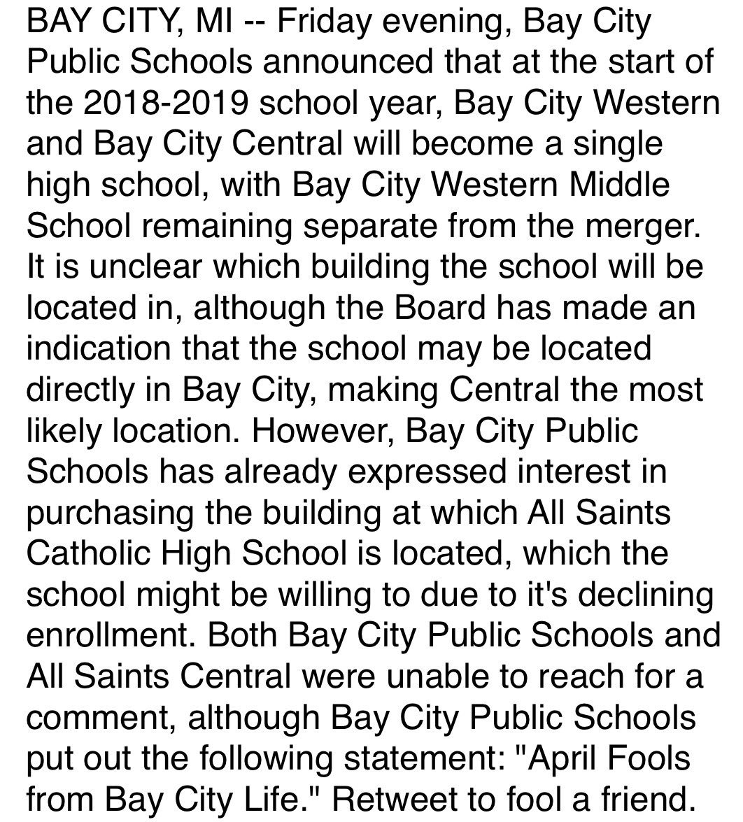 Bay City Central, Western most likely will merge beginning 2018-2019 school year, buy building from All Saints. Read full article below.