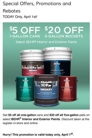 BEHR_REP_STEVE's tweet photo. 1 DAY ONLY! $5 OFF Gallon &amp; $20 OFF 5 Gallon Pails INSTANT SAVINGS on #BEHR #Marquee &amp; BEHR #PremiumPlus #ULTRA #Interior #Exterior #Paint https://t.co/FxmgTsQUPR